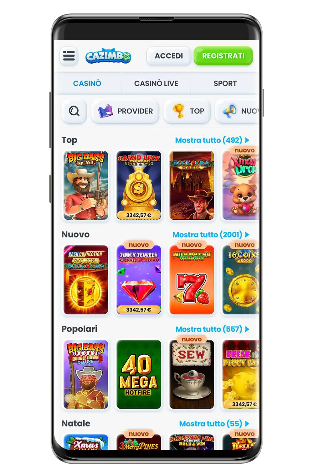 Screenshot della versione mobile del sito web del casinò Cazimbo.